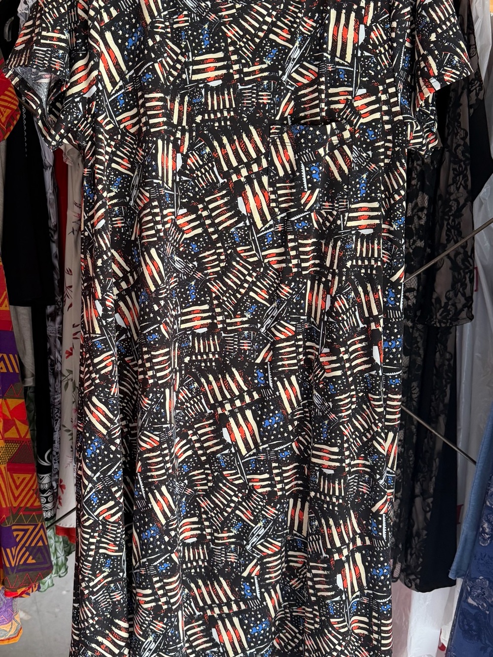 LuLaRoe Black Maxi Dress with Red, White and Blue Abstract Flag Print